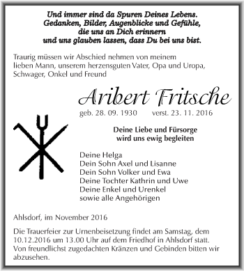 Traueranzeige von Aribert Fritsche von Wochenspiegel Mansfelder Land