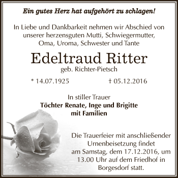 Traueranzeige von Edeltraud Ritter von Super Sonntag Bernburg