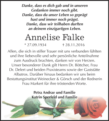 Traueranzeige von Annelise Falke von Super Sonntag Bernburg