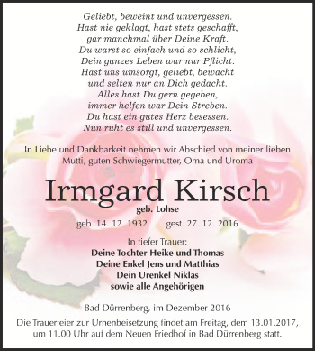 Traueranzeige von Irmgard Kirsch von Super Sonntag Merseburg