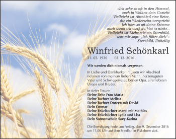 Traueranzeige von Winfried Schönkarl von Mitteldeutsche Zeitung Mansfelder Land