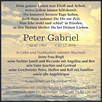 Traueranzeige von Peter Gabriel von Super Sonntag Aschersleben