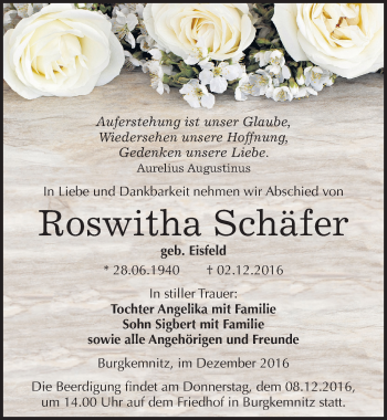 Traueranzeige von Roswitha Schäfer von Mitteldeutsche Zeitung Bitterfeld