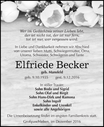 Traueranzeige von Elfriede Becker von WVG - Wochenspiegel Dessau / Köthen