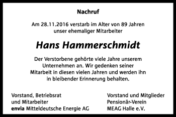 Traueranzeige von Hans Hammerschmidt von Super Sonntag Halle
