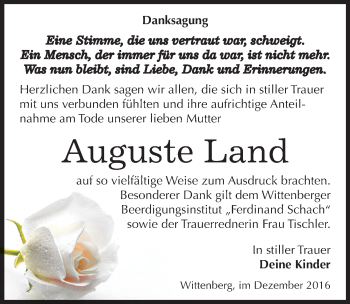 Traueranzeige von Auguste Land von Mitteldeutsche Zeitung Wittenberg