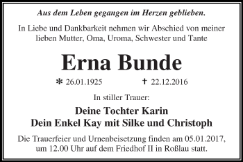 Traueranzeige von Erna Bunde von WVG - Wochenspiegel Dessau / Köthen