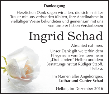 Traueranzeige von Ingrid Schad von Mitteldeutsche Zeitung Mansfelder Land