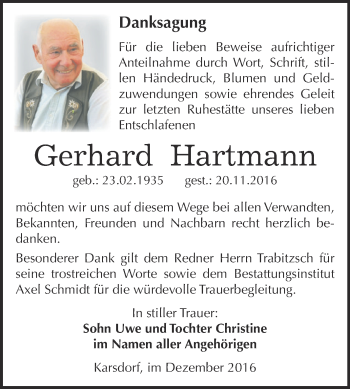 Traueranzeige von Gerhard Hartmann von WVG - Wochenspiegel NMB / WSF / ZTZ