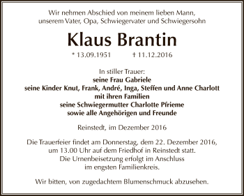 Traueranzeige von Klaus Brantin von Super Sonntag Aschersleben