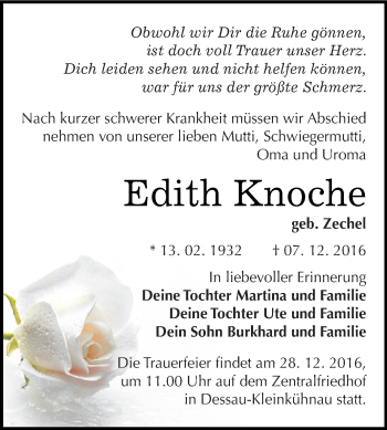 Traueranzeige von Edith Knoche von WVG - Wochenspiegel Dessau / Köthen