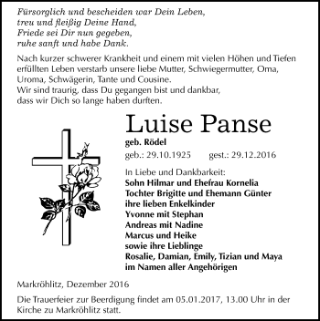 Traueranzeige von Luise Panse von Mitteldeutsche Zeitung Weißenfels
