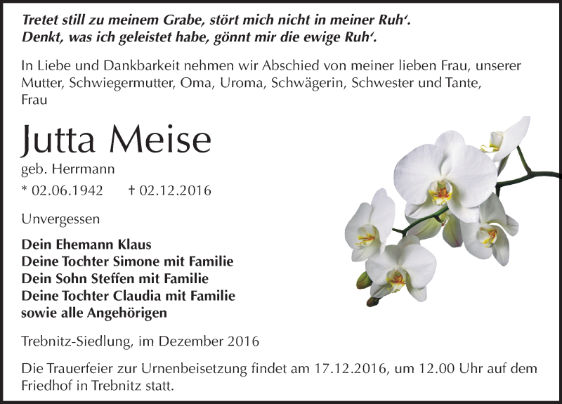  Traueranzeige für Jutta Meise vom 10.12.2016 aus Mitteldeutsche Zeitung Weißenfels