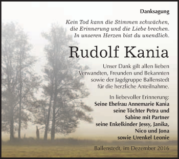 Traueranzeige von Rudolf Kania von WVG - Wochenspiegel Quedlinburg