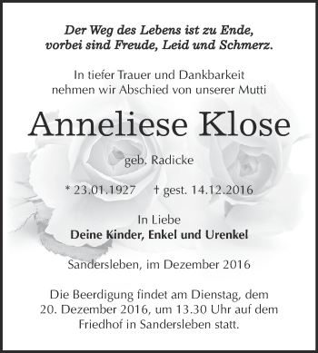 Traueranzeige von Anneliese Klose von Super Sonntag SGH Mansf. Land