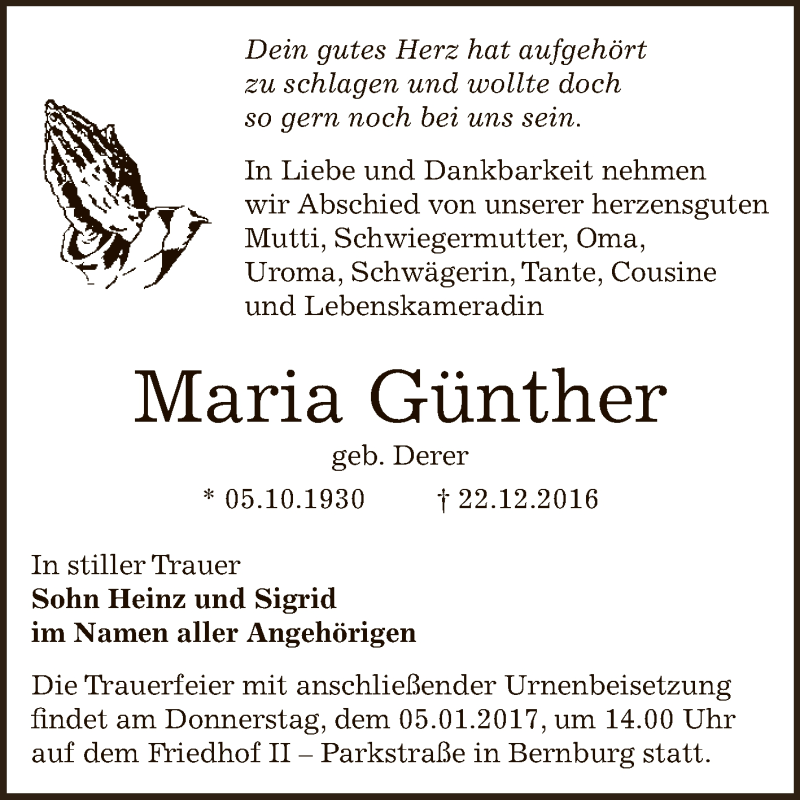  Traueranzeige für Maria Günther vom 31.12.2016 aus Super Sonntag Bernburg