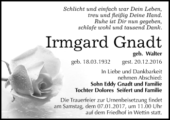 Traueranzeige von Irmgard Gnadt von Mitteldeutsche Zeitung Bernburg
