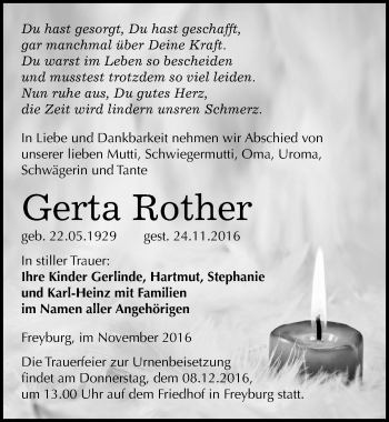 Traueranzeige von Gerta Rother von Mitteldeutsche Zeitung Naumburg/Nebra