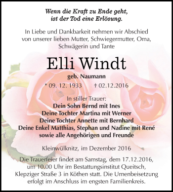 Traueranzeige von Elli Windt von WVG - Wochenspiegel Dessau / Köthen