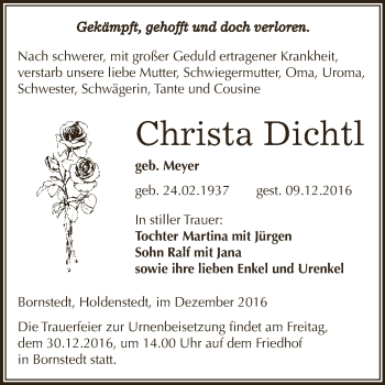 Traueranzeige von Christa Dichtl von Super Sonntag SGH Mansf. Land