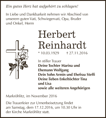 Traueranzeige von Herbert Reinhardt von WVG - Wochenspiegel NMB / WSF / ZTZ
