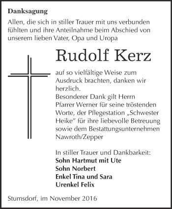 Traueranzeige von Rudolf Kerz von WVG - Wochenspiegel Bitterfeld