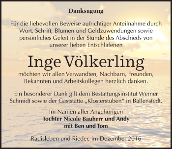 Traueranzeige von Inge Völkerling von Mitteldeutsche Zeitung Quedlinburg