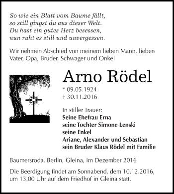 Traueranzeige von Arno Rödel von WVG - Wochenspiegel NMB / WSF / ZTZ