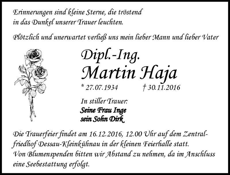  Traueranzeige für Martin Haja vom 10.12.2016 aus Mitteldeutsche Zeitung Dessau-Roßlau