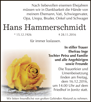 Traueranzeige von Hans Hammerschmidt von WVG - Wochenspiegel Dessau / Köthen