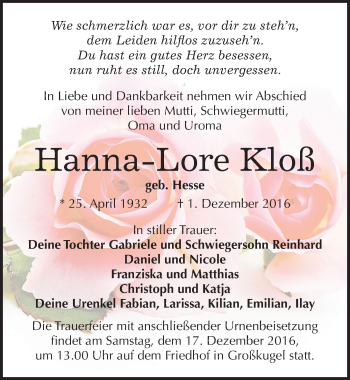 Traueranzeige von Hanna-Lore Kloß von Mitteldeutsche Zeitung Halle/Saalkreis
