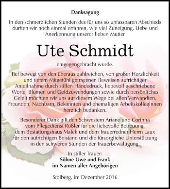 Traueranzeige von Ute Schmidt von Super Sonntag SGH Mansf. Land