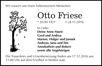 Traueranzeige von Otto Friese von Mitteldeutsche Zeitung Bitterfeld