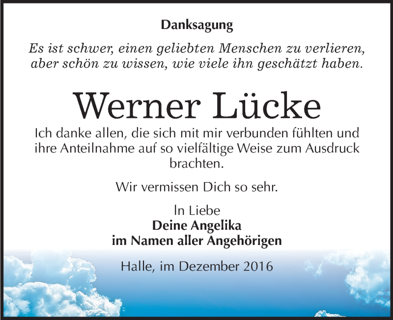  Traueranzeige für Werner Lücke vom 10.12.2016 aus Mitteldeutsche Zeitung Halle/Saalkreis