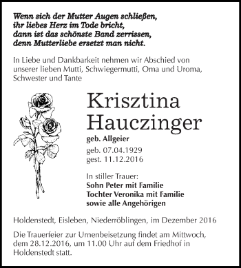 Traueranzeige von Krisztina Hauczinger von Super Sonntag SGH Mansf. Land