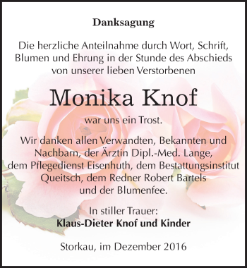 Traueranzeige von Monika Knof von Mitteldeutsche Zeitung Köthen