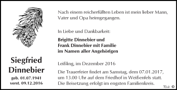 Traueranzeige von Siegfried Dinnebier von WVG - Wochenspiegel NMB / WSF / ZTZ