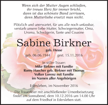 Traueranzeige von Sabine Birkner von Mitteldeutsche Zeitung Sangerhausen