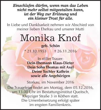 Traueranzeige von Monika Knof von Mitteldeutsche Zeitung Köthen