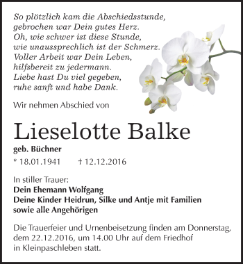Traueranzeige von Lieselotte Balke von Mitteldeutsche Zeitung Köthen