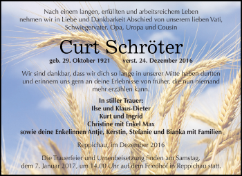 Traueranzeige von Curt Schröter von WVG - Wochenspiegel Dessau / Köthen