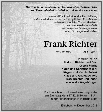 Traueranzeige von Frank Richter von Mitteldeutsche Zeitung Mansfelder Land