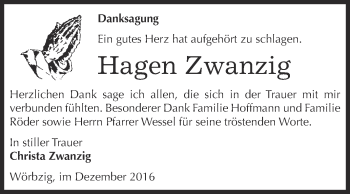 Traueranzeige von Hagen Zwanzig von WVG - Wochenspiegel Dessau / Köthen
