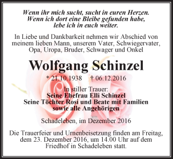 Traueranzeige von Wolfgang Schinzel von Mitteldeutsche Zeitung Aschersleben