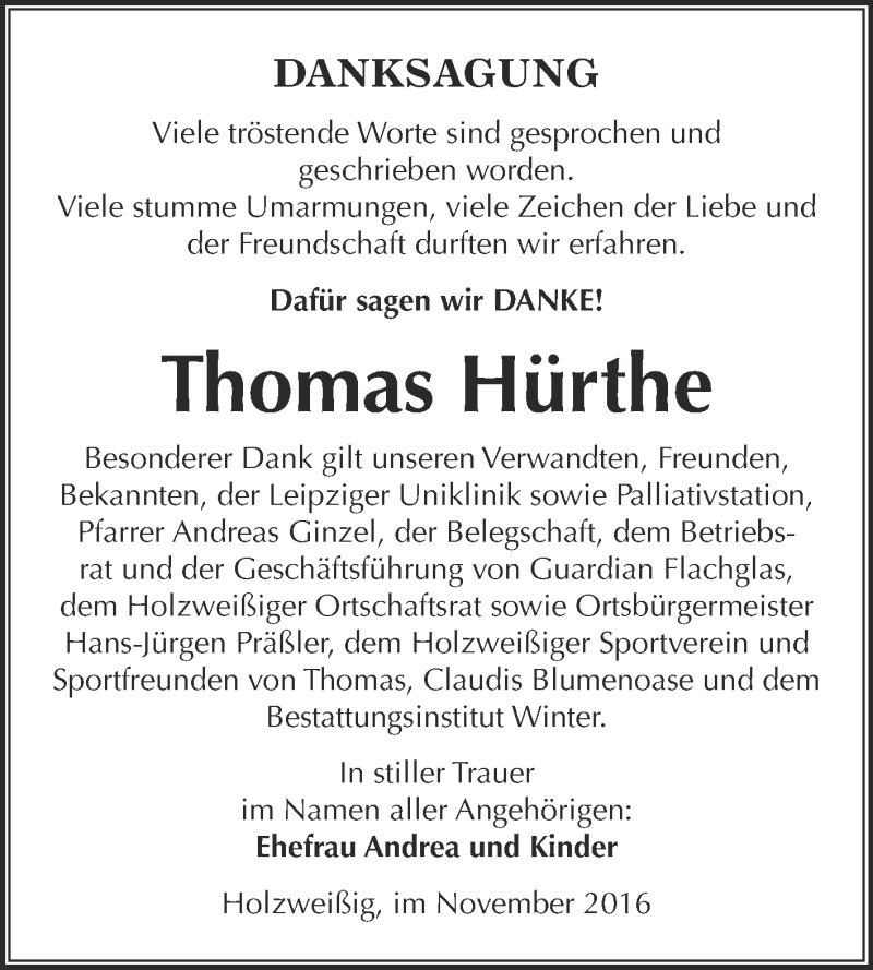  Traueranzeige für Thomas Hürthe vom 07.12.2016 aus WVG - Wochenspiegel Bitterfeld