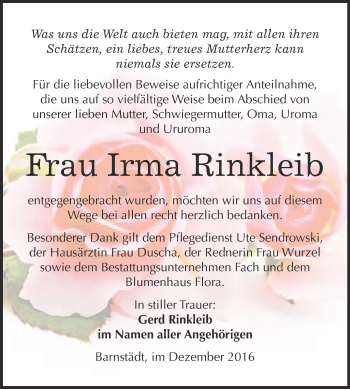 Traueranzeige von Irma Rinkleib von WVG - Wochenspiegel Merseburg