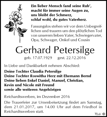 Traueranzeige von Gerhard Petersilge von Mitteldeutsche Zeitung Weißenfels