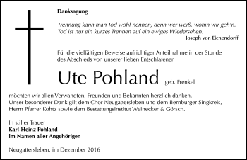 Traueranzeige von Ute Pohland von Mitteldeutsche Zeitung Bernburg
