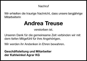 Traueranzeige von Andrea Treuse von Mitteldeutsche Zeitung Naumburg/Nebra