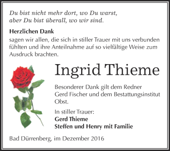 Traueranzeige von Ingrid Thieme von Super Sonntag Merseburg